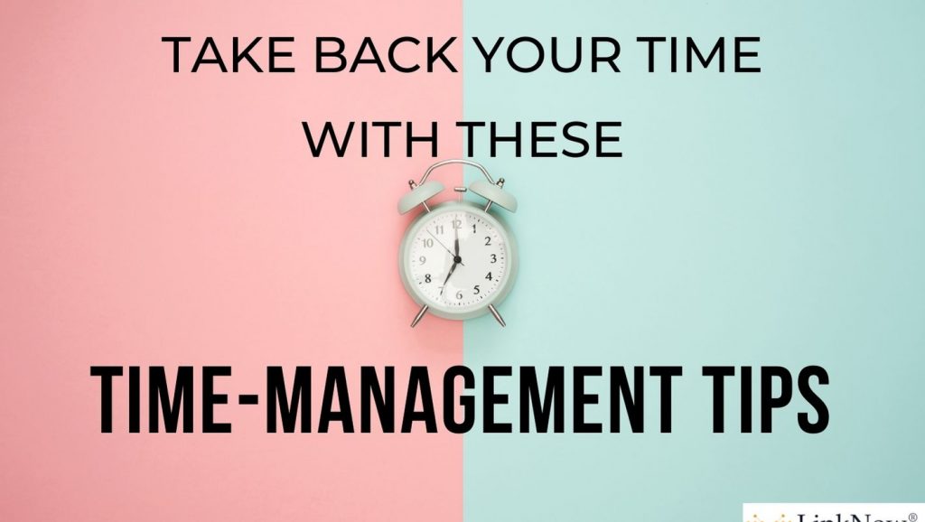 Alarm clock in foreground with text: Take back your time with these time-management tips.