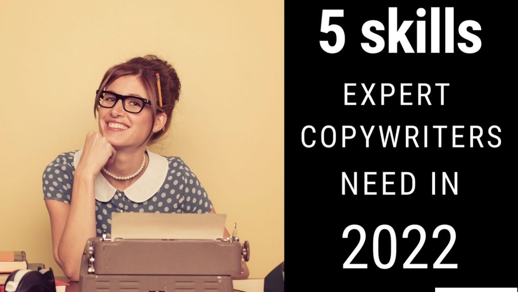 A woman, smiling, sits in front of a typewriter. Text says: 5 skills expert copywriters need in 2022.